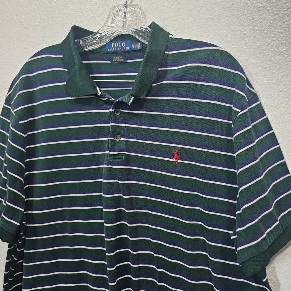Polo Ralph Lauren Mens XL Classic Fit Stretch Mesh Striped Polo Shirt Green Navy